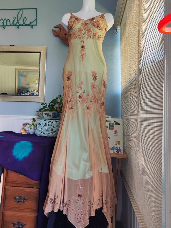 Papell Boutique Dresses & Skirts - Papell Boutique Blush Green Beaded Fringe Maxi Dress